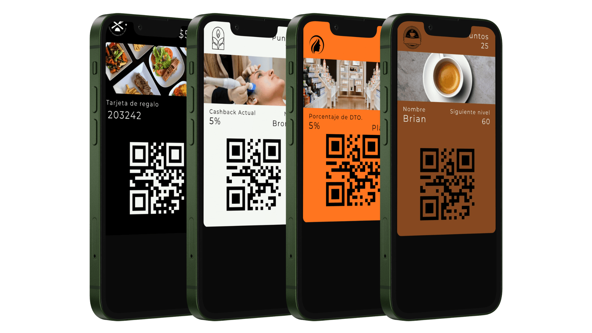 Cuatro ejemplos de tarjetas DePilon: restaurante, spa, tienda y cafetería